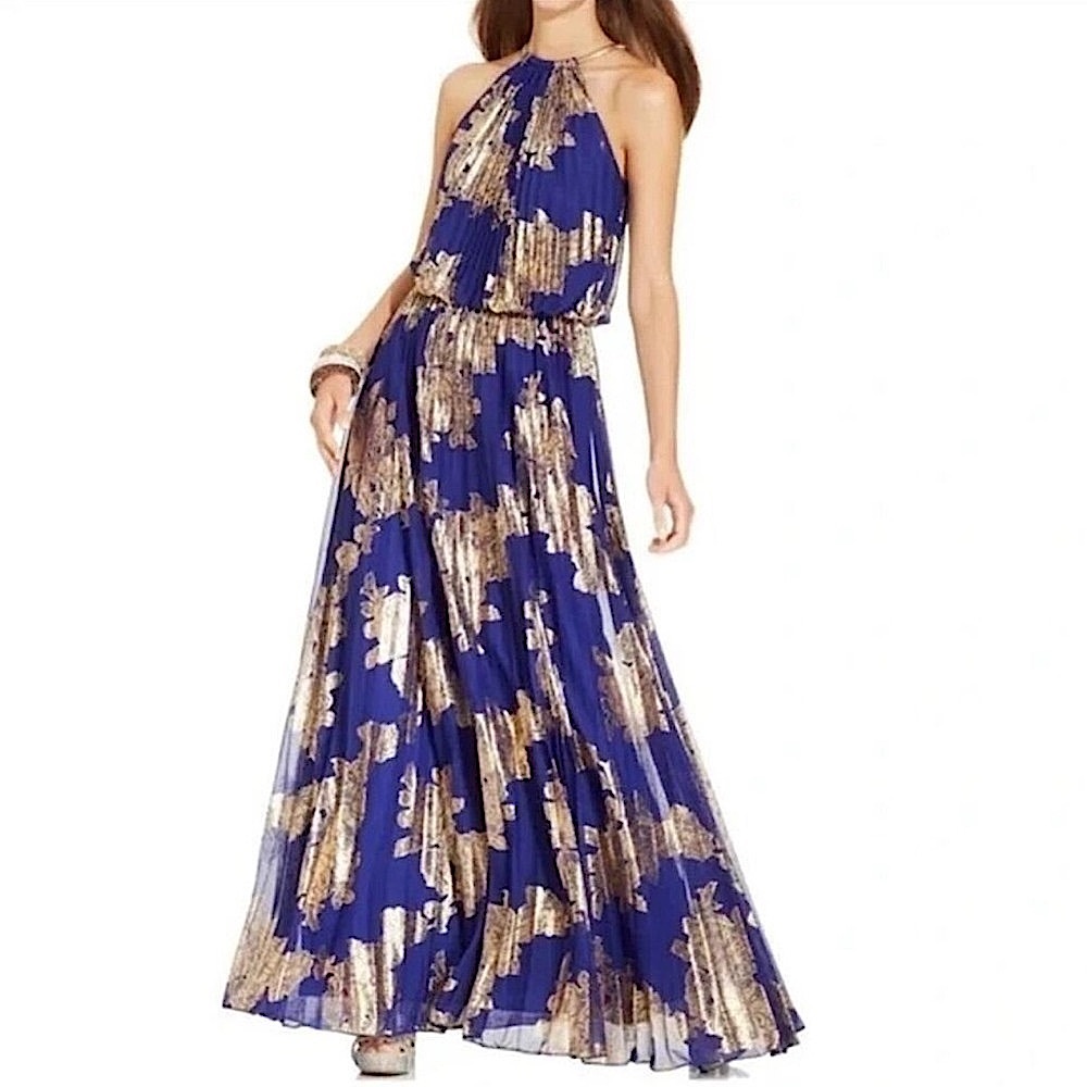 Xscape Royal Blue and Gold Pleated Maxi Dress